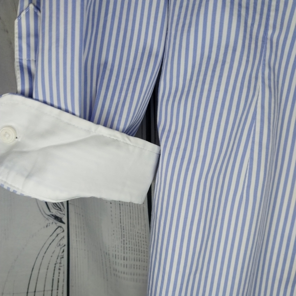UNTUCKit Blue And White Pinstripe Tie Waist Long Sleeve Shirt Dress - Picture 6 of 13